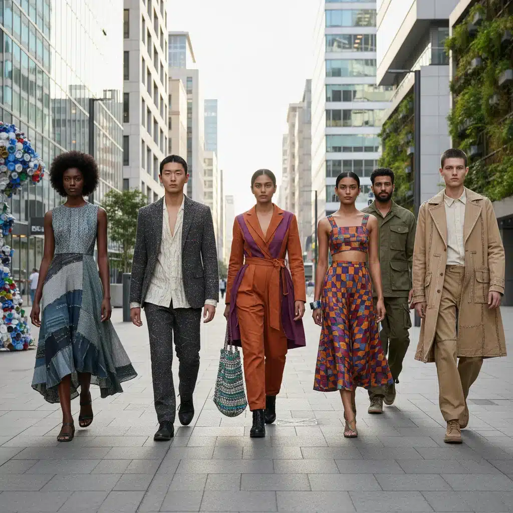 Models wearing fashionable clothing made from recycled textiles, highlighting sustainable style.