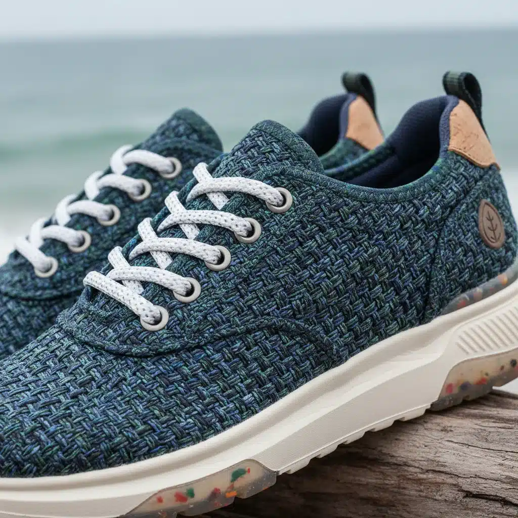 Close-up of stylish sneakers made from recycled materials, eco-friendly design