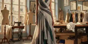 French Fashion's Eco-Revolution: 15% Recycled Textiles by 2026 Model in recycled textile haute couture in Parisian atelier