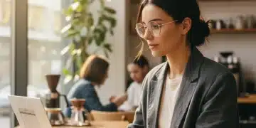 Woman working remotely in a cafe, wearing a stylish blazer and comfortable top