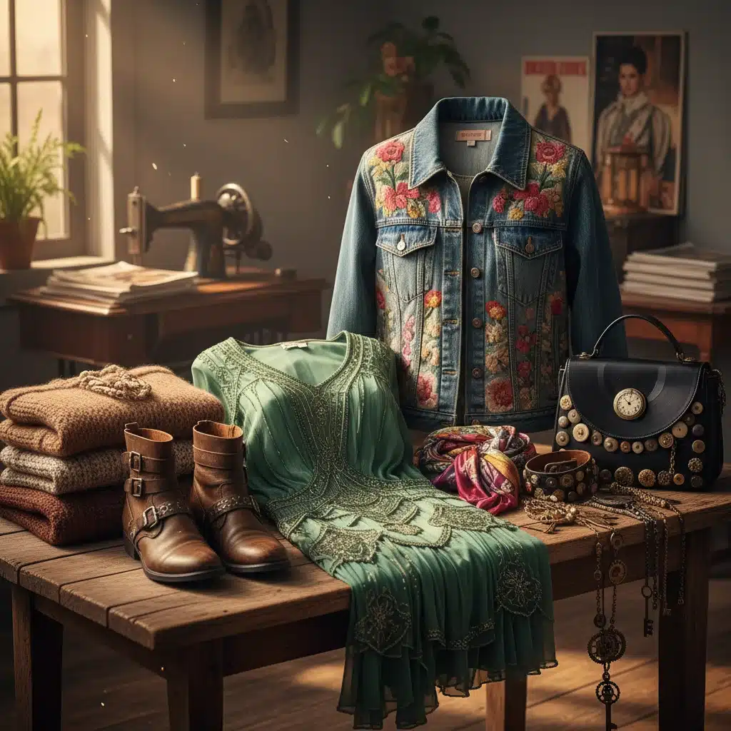 Assortment of stylish second-hand clothing and upcycled accessories