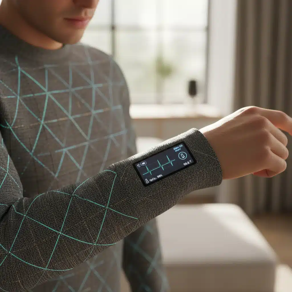 Innovative smart fabric garment displaying biometric data on a discreet screen.