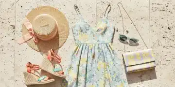 Vibrant flat lay of spring summer 2026 fashion items with French flair