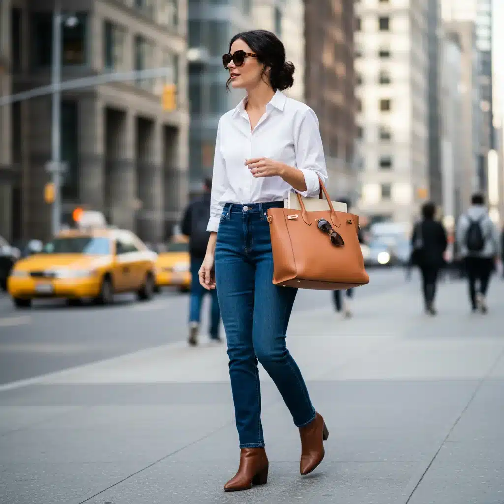 Woman wearing dark-wash straight-leg jeans with a white shirt