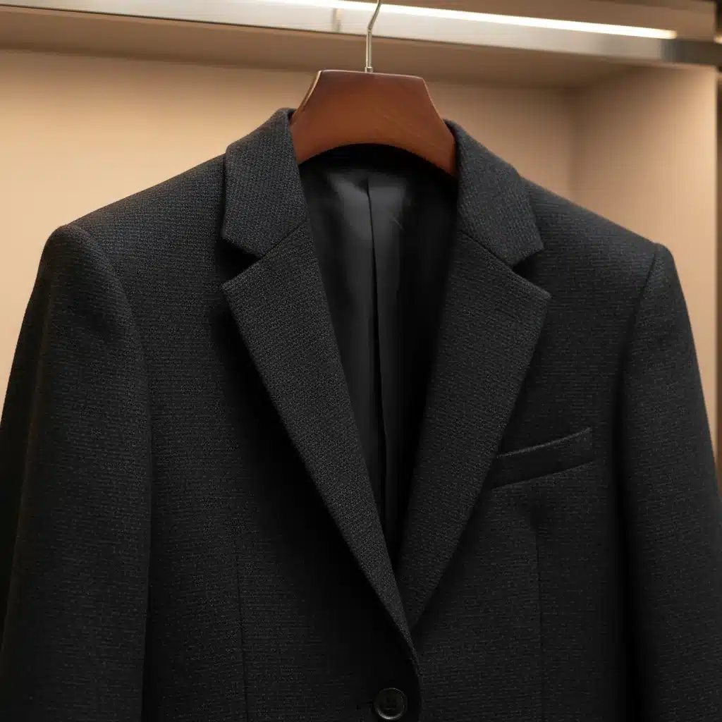 High-quality black blazer hanging, showcasing its structured design and versatile appeal.
