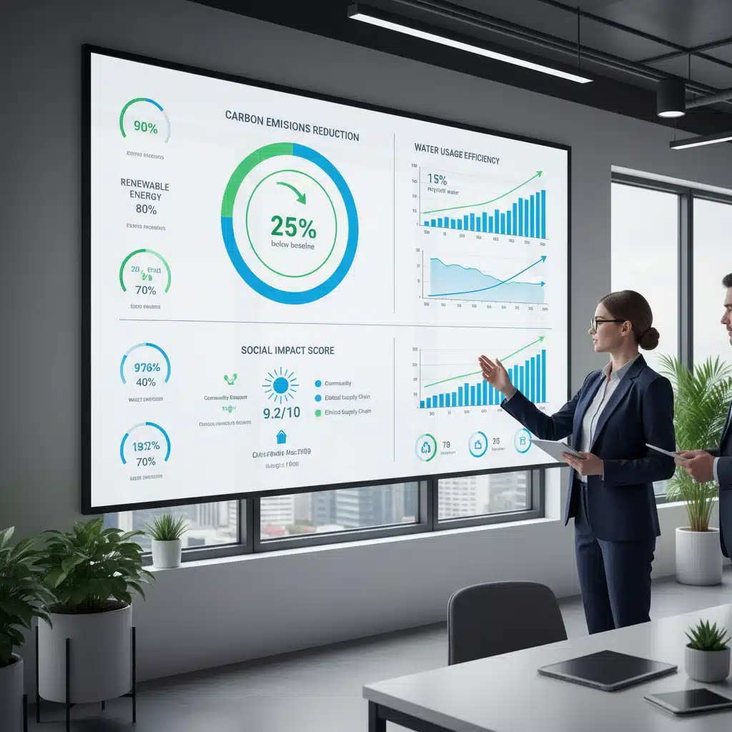 Digital dashboard showing sustainability metrics and positive environmental impact data.