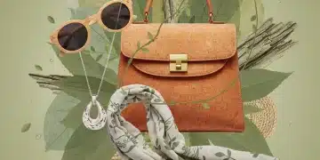 Collection of sustainable accessories including cork handbag, recycled silver necklace, wooden sunglasses, and organic cotton scarf.