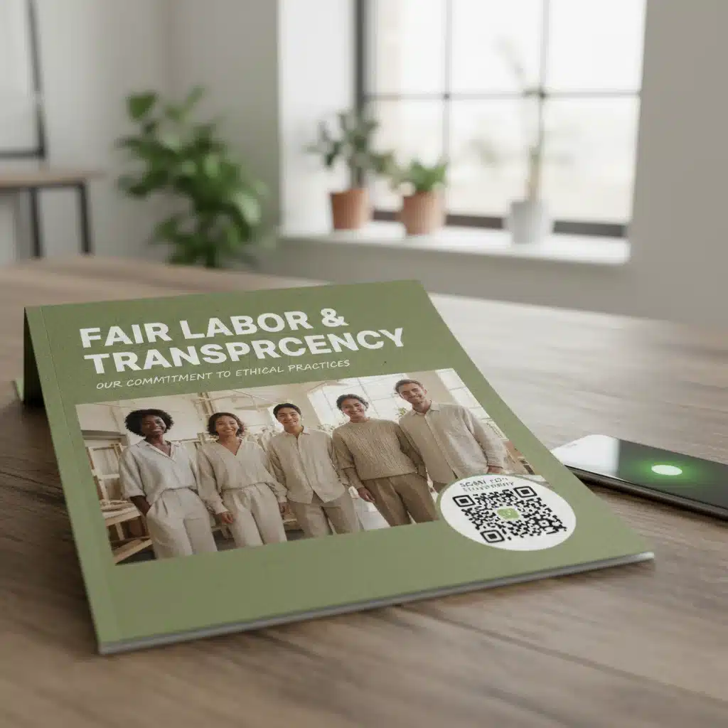 Sustainability report cover with QR code, highlighting fair labor and transparency.