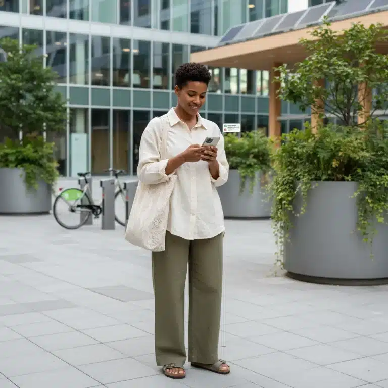 Stylish person securing limited edition sustainable collection on phone
