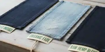 Three sustainable denim fabric swatches representing different eco-friendly collections