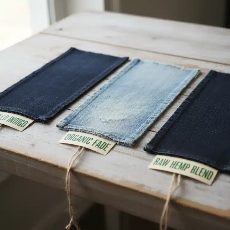 Three sustainable denim fabric swatches representing different eco-friendly collections