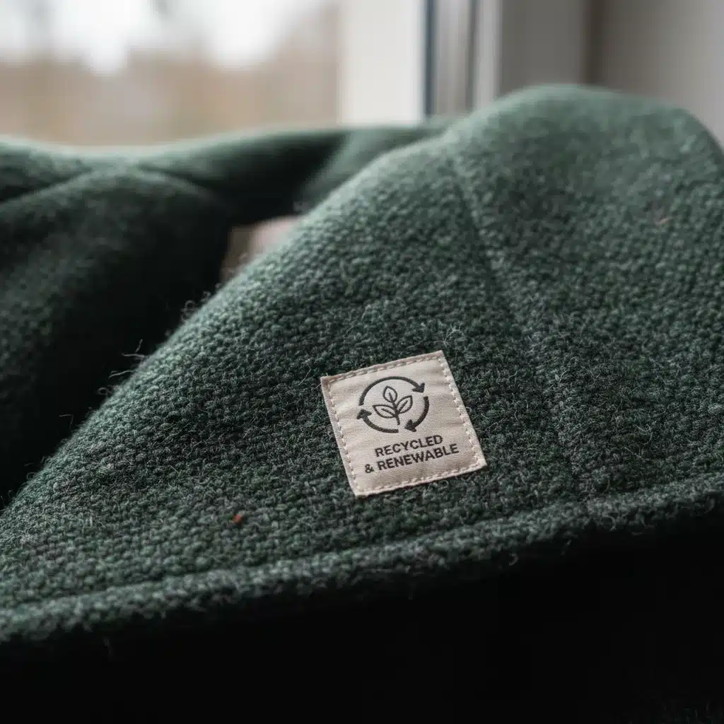 Close-up of sustainable fabric with an eco-friendly tag, highlighting material quality.