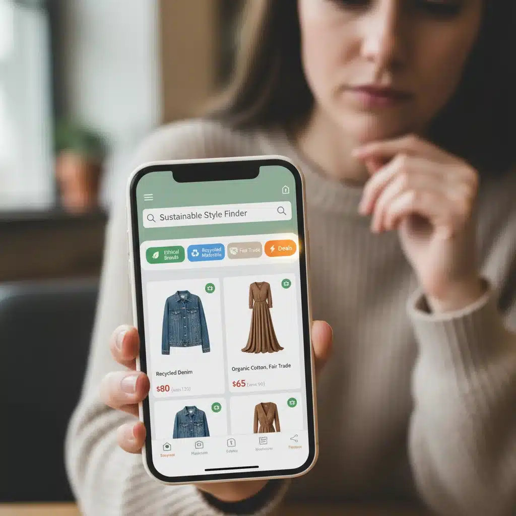 Smartphone displaying sustainable fashion app with deal filters highlighted.