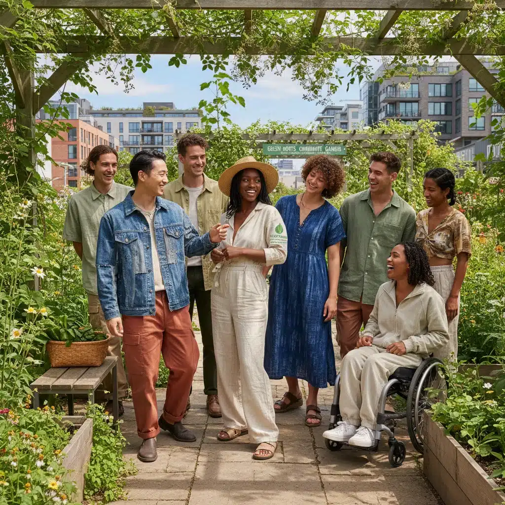 Diverse group wearing stylish sustainable fashion in a natural setting