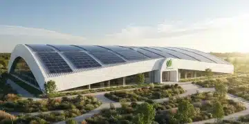 Sustainable fashion factory with solar panels and green surroundings