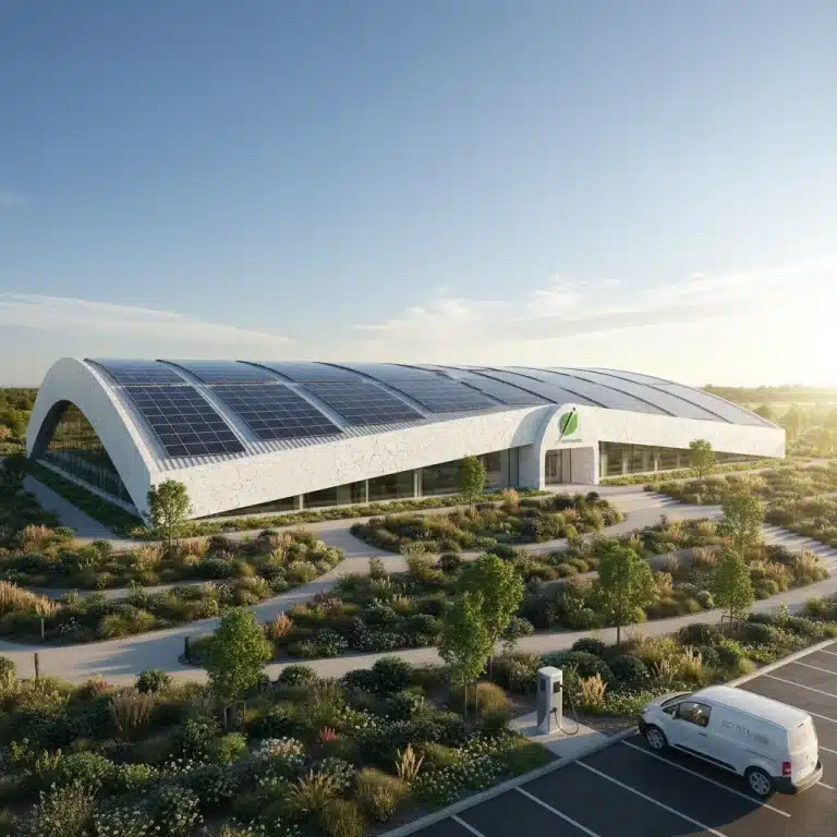 Sustainable fashion factory with solar panels and green surroundings