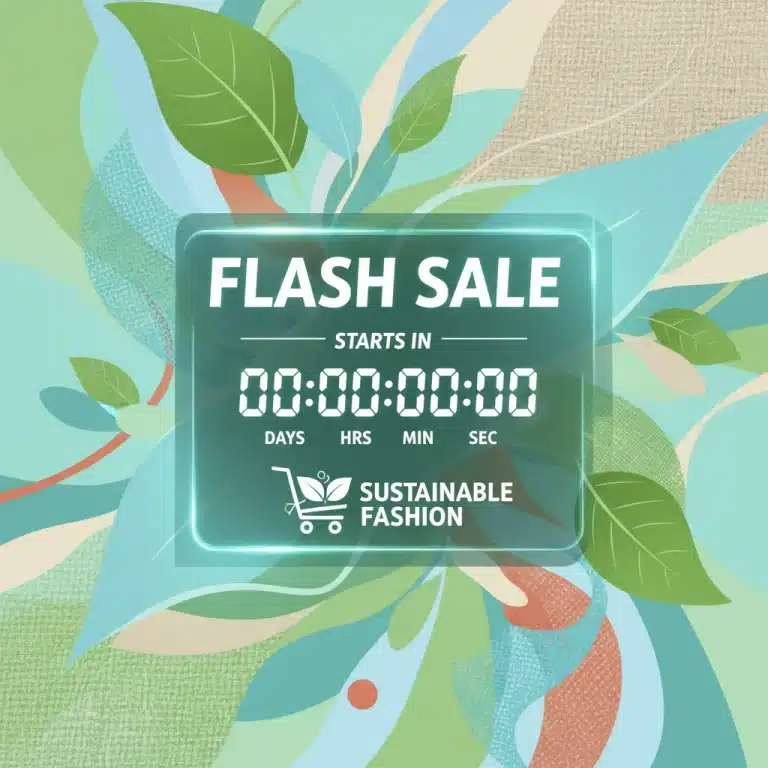Digital clock counting down to a sustainable fashion flash sale, with eco-friendly elements.