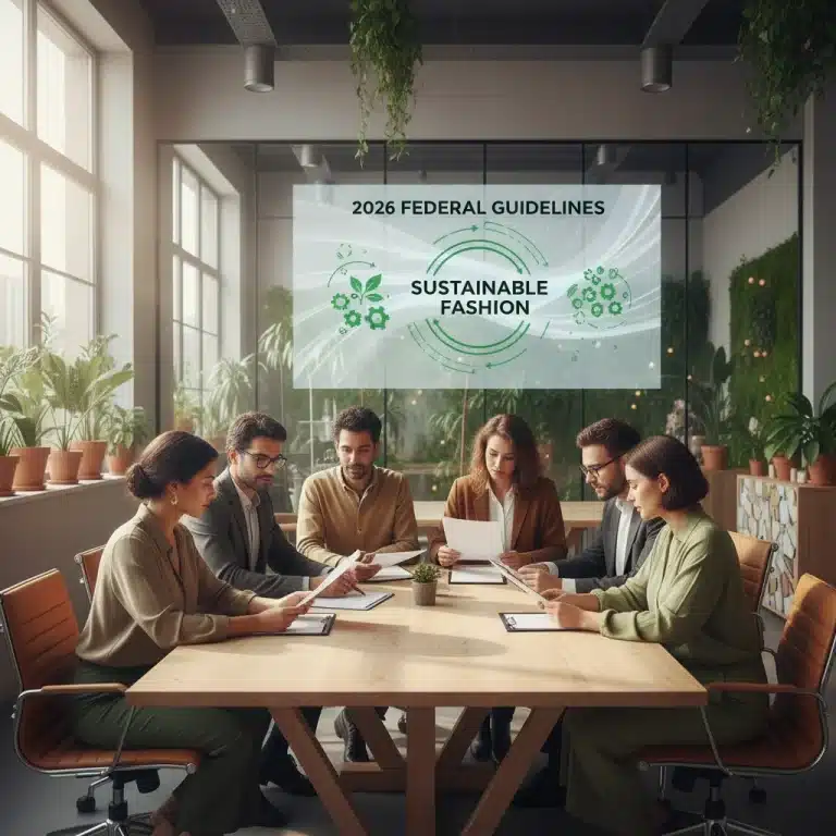 Professionals reviewing 2026 federal guidelines for sustainable fashion claims