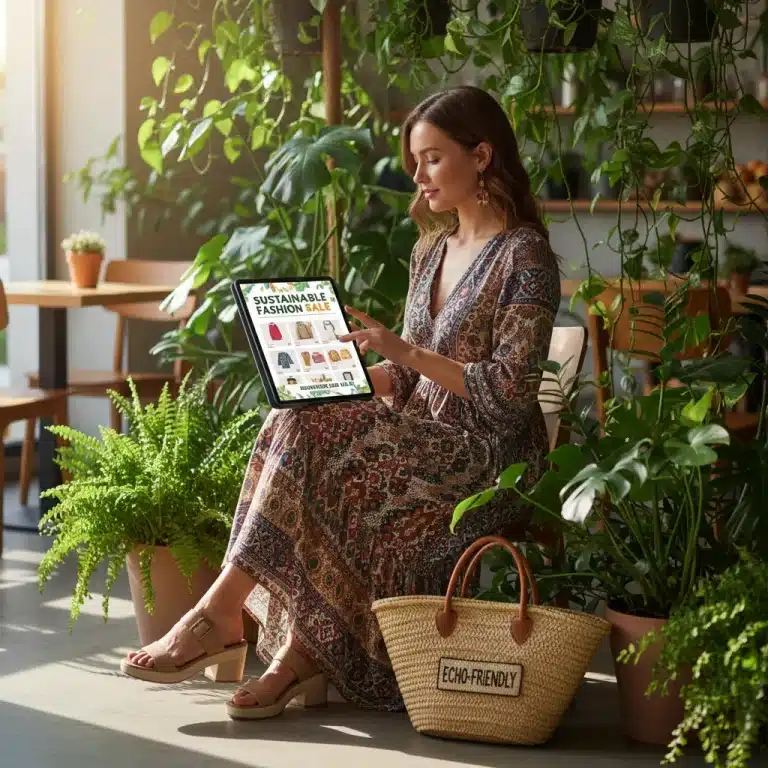 Woman finding sustainable fashion deals online