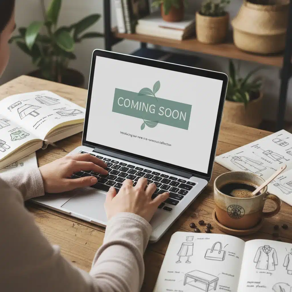 Researching upcoming sustainable fashion drops on laptop