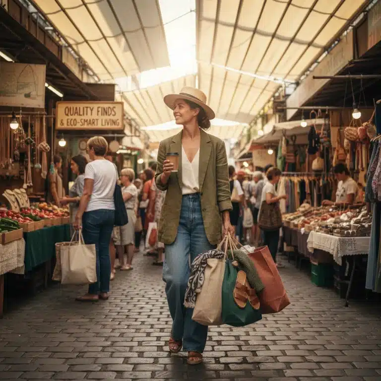 Woman shopping for sustainable fashion at a seasonal sale with multiple shopping bags.