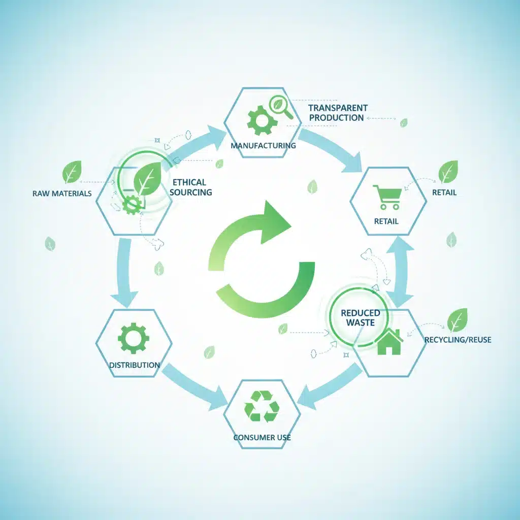 Sustainable fashion supply chain diagram with ethical sourcing and waste reduction