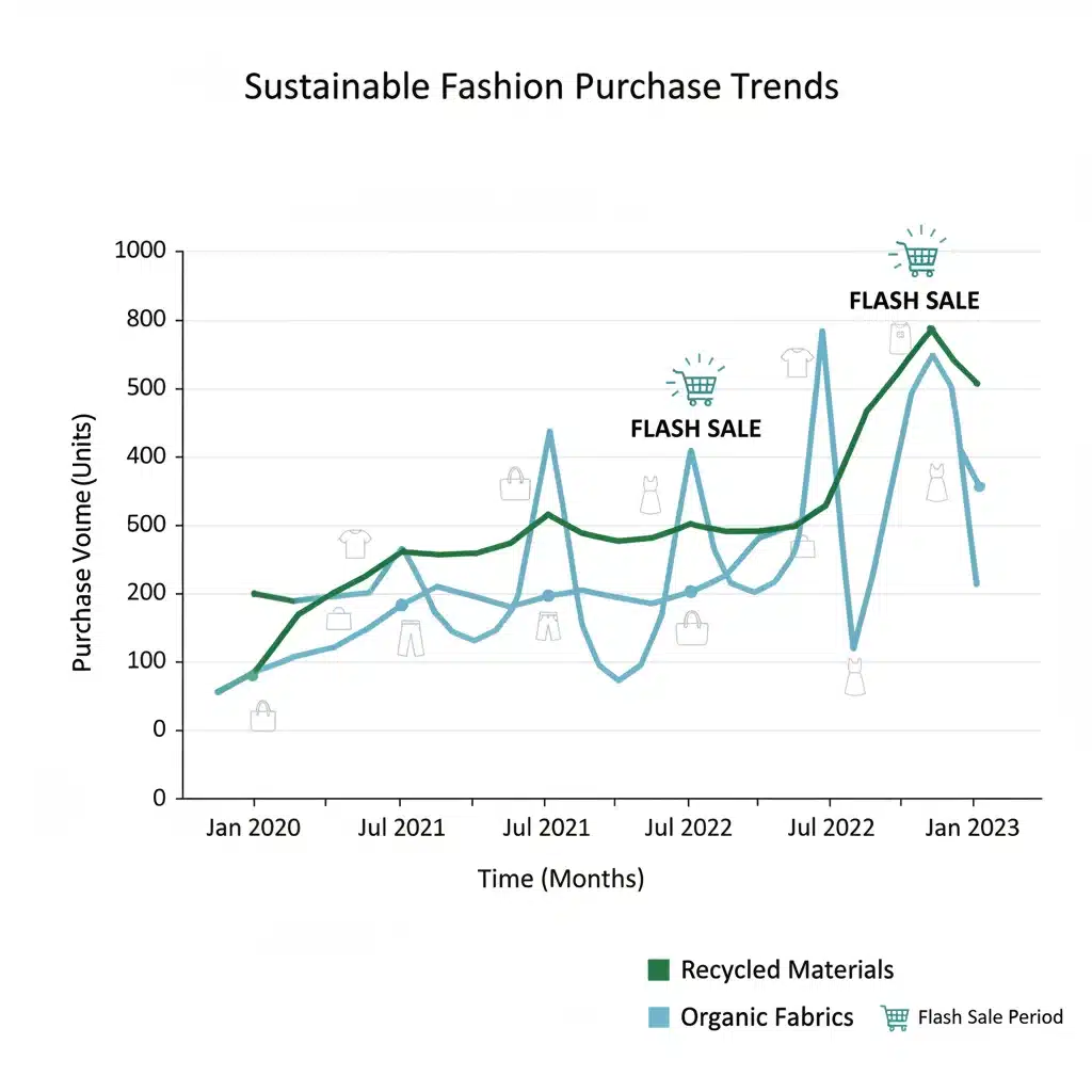 Graph showing sustainable fashion purchase trends and flash sale spikes.
