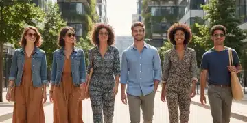 Diverse individuals wearing stylish sustainable fashion in an urban environment