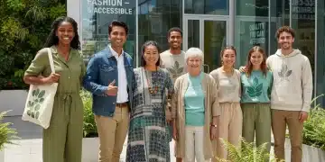 People wearing stylish sustainable fashion in an urban green space