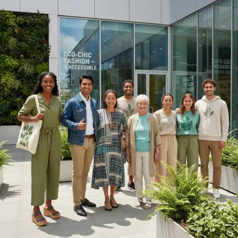 People wearing stylish sustainable fashion in an urban green space