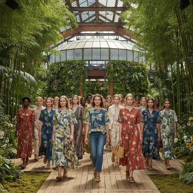 Models showcasing sustainable organic fashion on a green runway