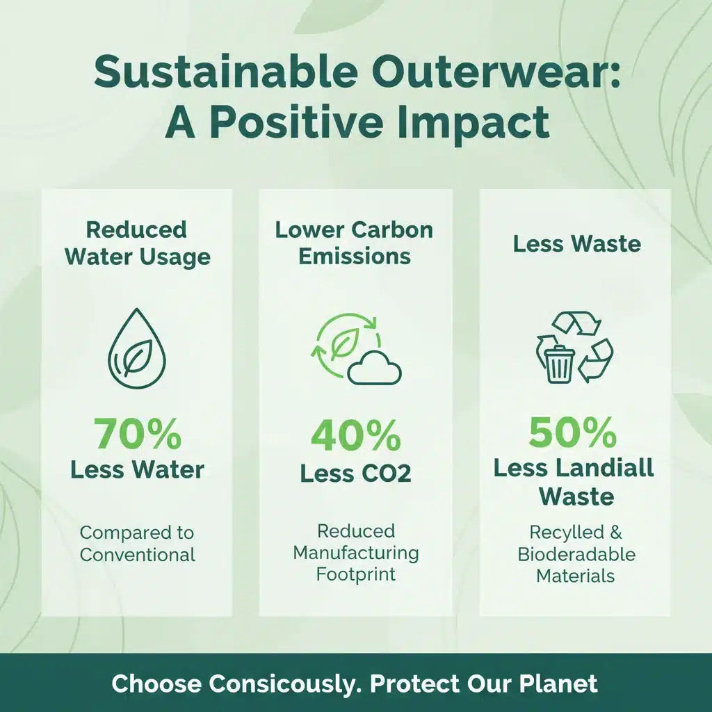 Infographic showing environmental benefits of sustainable outerwear, including reduced carbon and water.