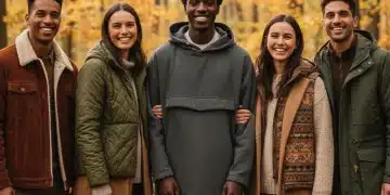 Models wearing stylish sustainable outerwear in an autumn forest setting, showcasing eco-friendly fashion.