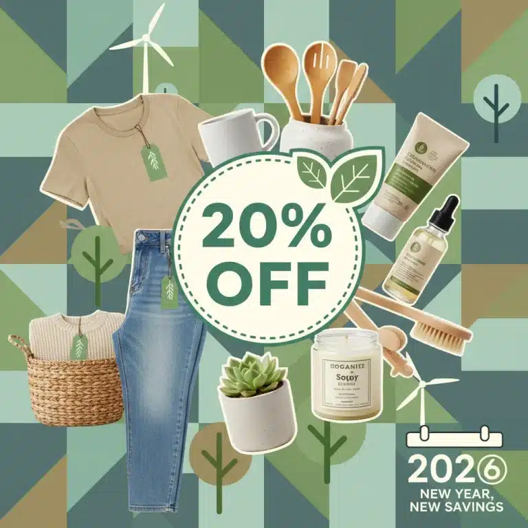 Collage of sustainable products with a 20% off promotion and 2026 calendar