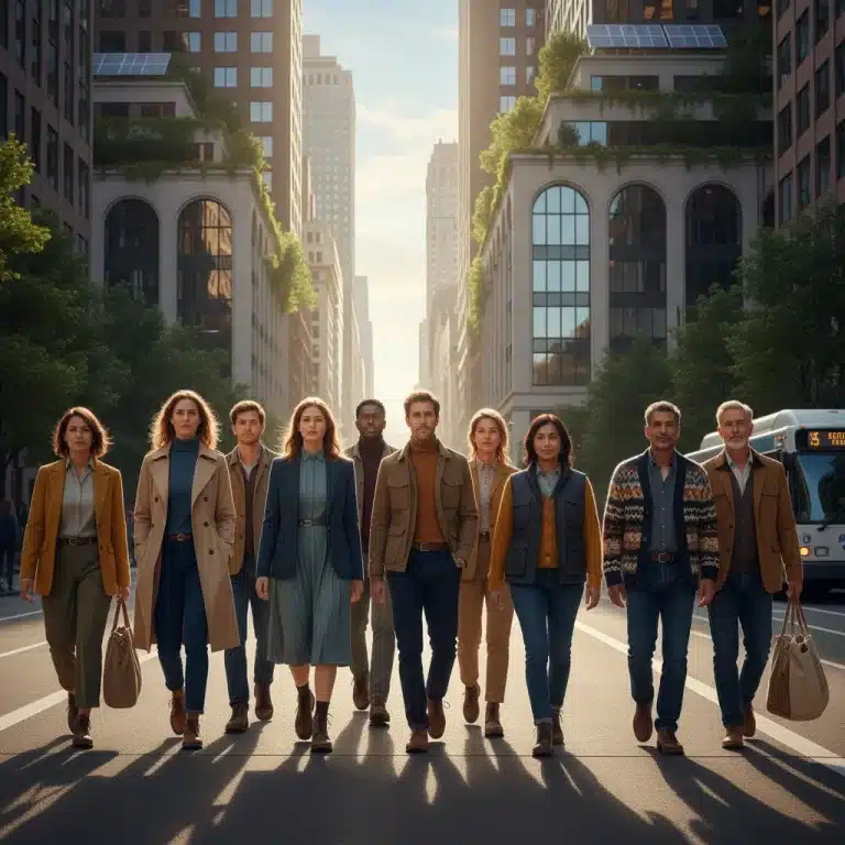 Diverse individuals showcasing sustainable wardrobe staples on a U.S. city street in 2026.