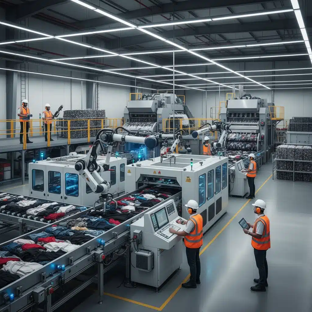 Advanced textile recycling facility processing discarded garments for sustainable fashion.