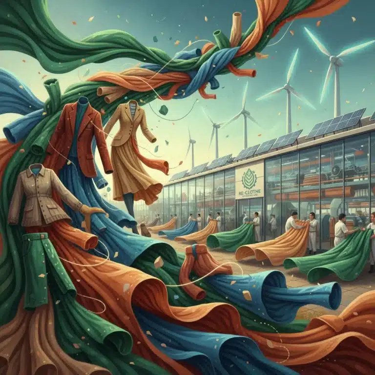 Illustration of textiles recycling into new fashion items, representing sustainable fashion innovation.