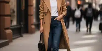 Smart Shopper's Guide: 8 Core Wardrobe Items for Maximum Value in 2026 Woman in trench coat, white t-shirt, dark jeans, and white sneakers, embodying timeless core wardrobe style.