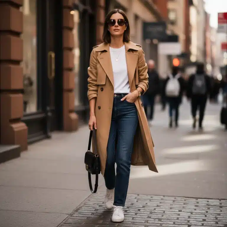 Woman in trench coat, white t-shirt, dark jeans, and white sneakers, embodying timeless core wardrobe style.