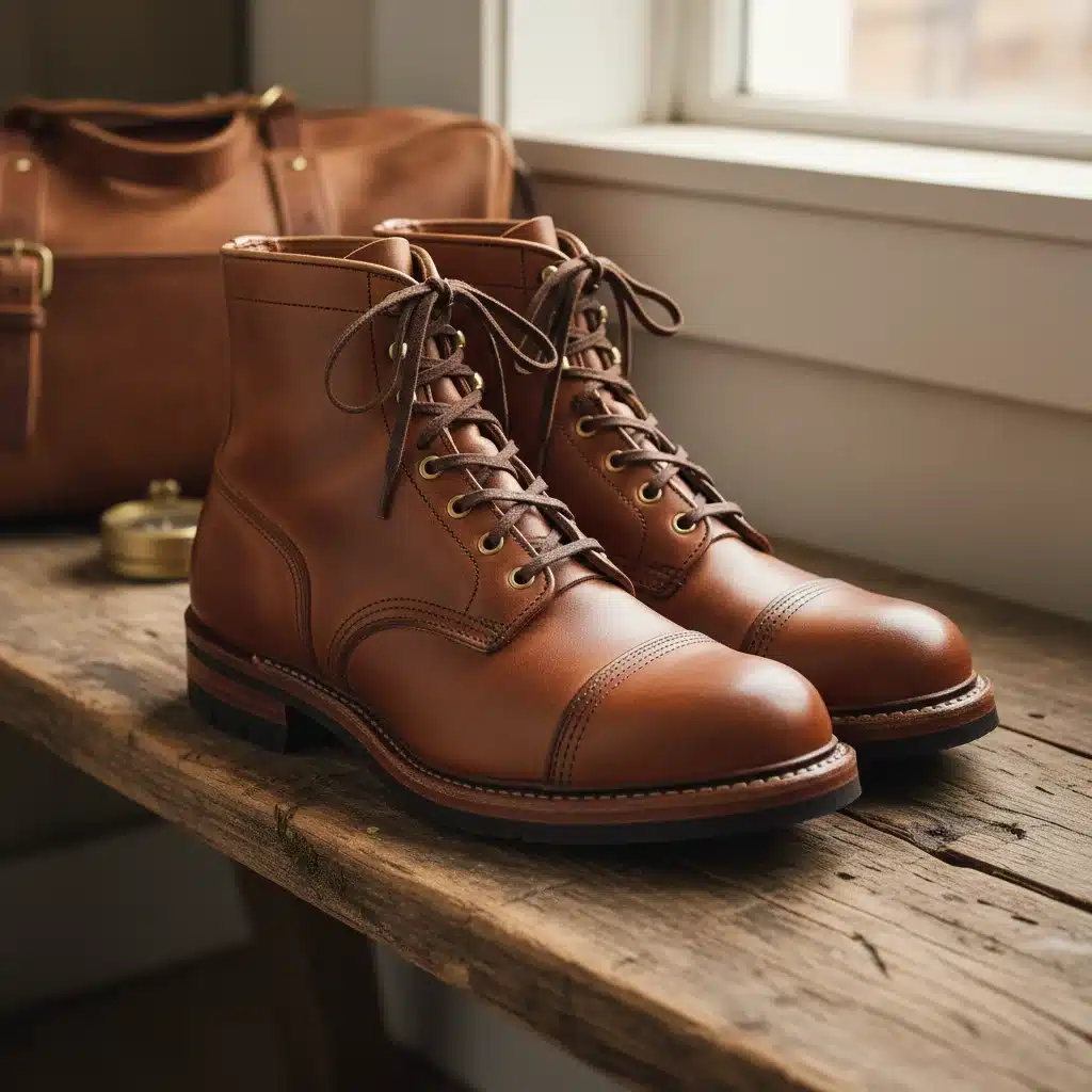 Classic, well-crafted leather boots on a wooden surface