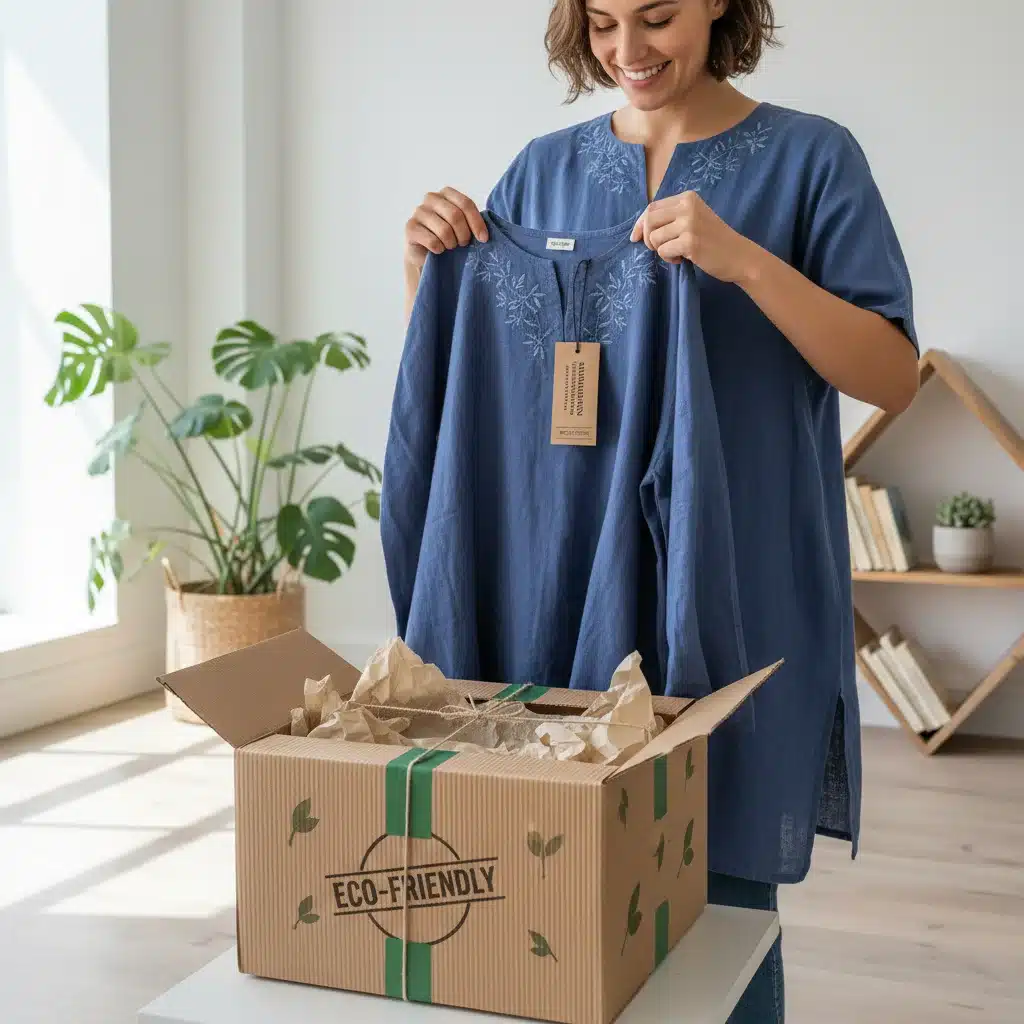 Person unboxing sustainable fashion item from recycled packaging