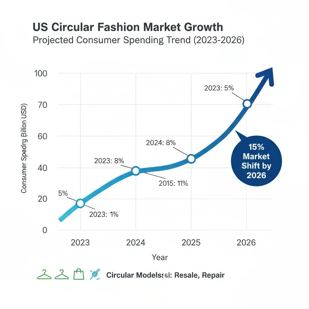 Projected growth graph of US consumer spending on circular fashion initiatives towards a 15% shift by 2026.