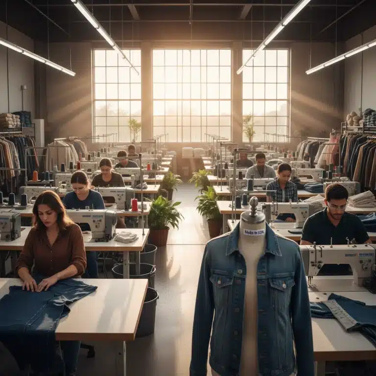 Garment workers in a modern US factory, emphasizing ethical production.