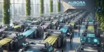 Futuristic US textile factory producing sustainable fabrics with green technology.