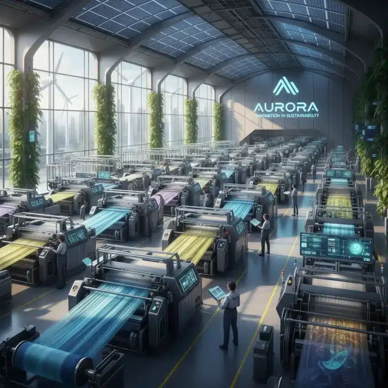 Futuristic US textile factory producing sustainable fabrics with green technology.