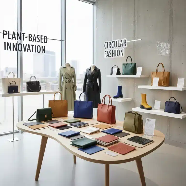Assortment of modern vegan leather products and material swatches on a clean backdrop, highlighting sustainable fashion innovation.