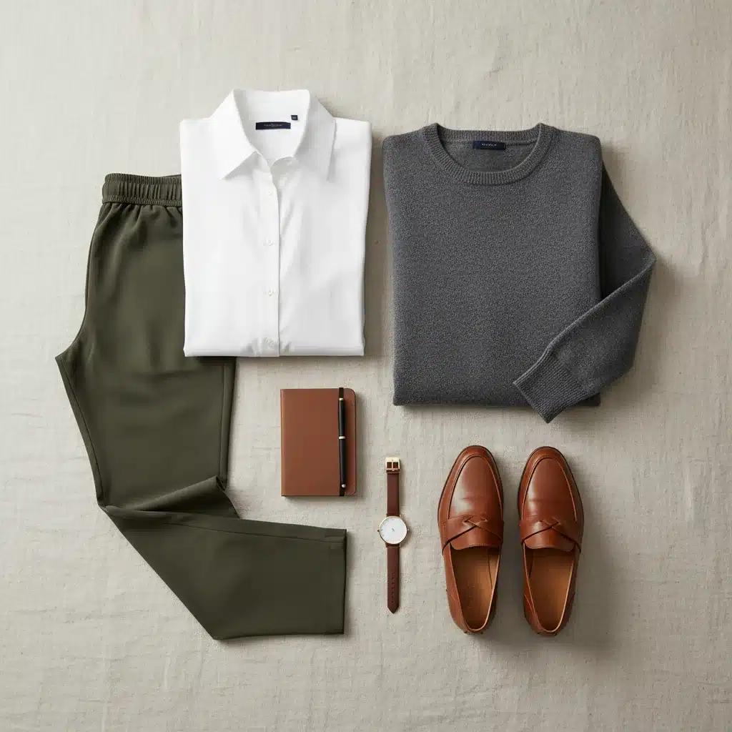 Flat lay of essential work-from-anywhere clothing pieces: sweater, joggers, shirt, loafers
