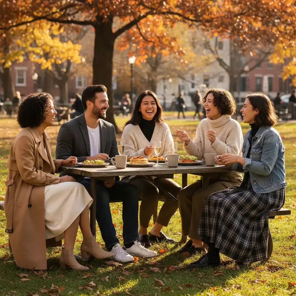 Friends enjoying brunch, showcasing versatile minimalist outfits for different seasons