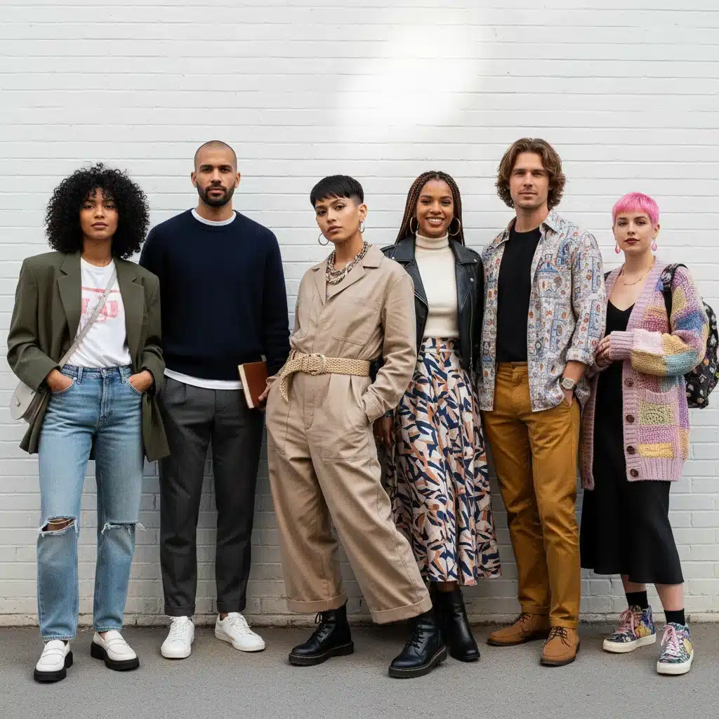 Diverse individuals modeling versatile modern wardrobe essentials