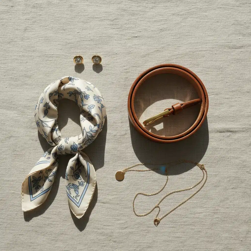 Flat lay of versatile accessories including a leather belt, silk scarf, and minimalist jewelry, enhancing core wardrobe items.